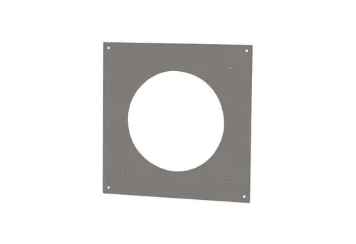 Edelstahl Befestigungsblech mit einer runden Aussparung in der Mitte und mehreren Befestigungslöchern, verwendet in Verbindung mit Produkten der Marke Wolf.